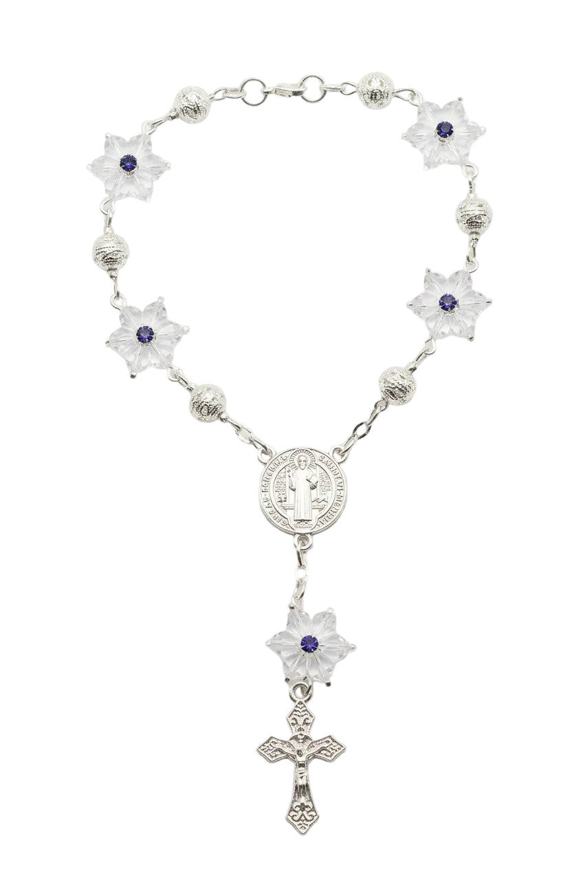 8mm Silver Snowflake Crystal St. Benedict Auto Rosary