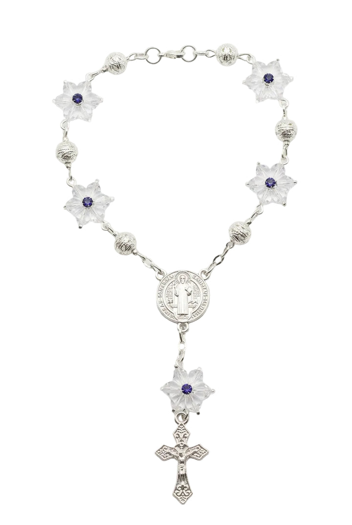 8mm Silver Snowflake Crystal St. Benedict Auto Rosary