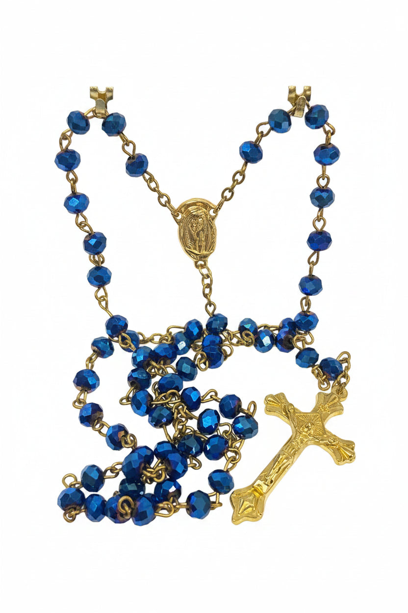 7mm Sun-Cut Blue Crystal Gold Plated Rosary
