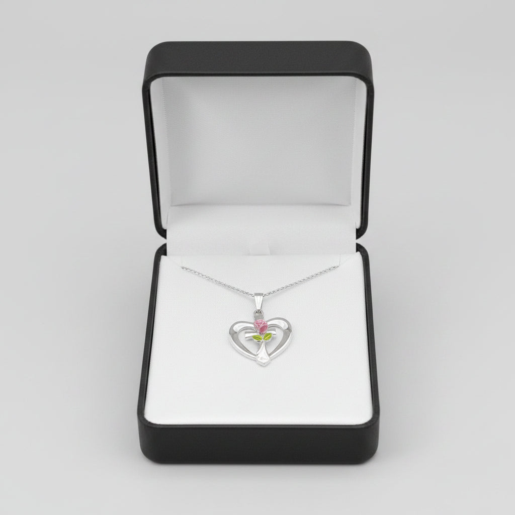 18" Sterling Silver Cross in Heart with Rose Necklace