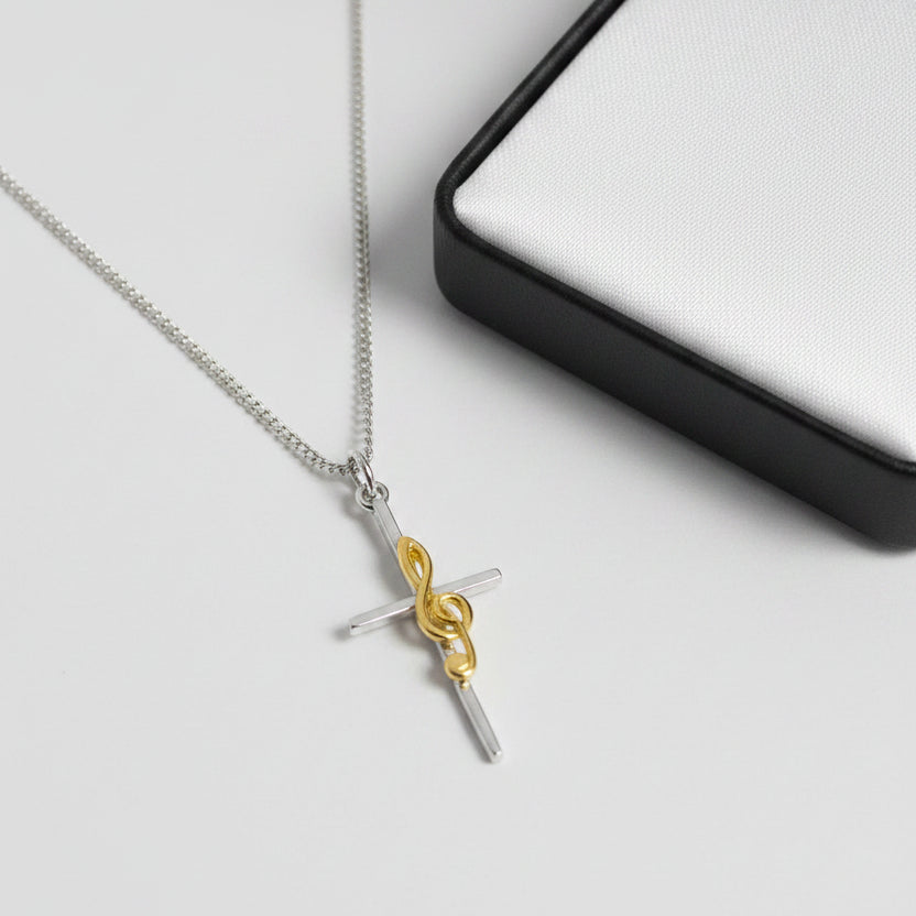 18" Two Tone Silver Cross with Clef Note Necklace