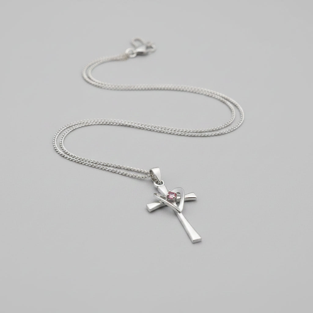 18" Sterling Silver Cross Necklace with Pink Crystal Center