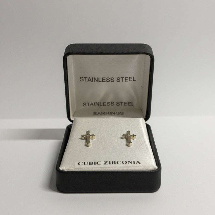 Stainless Steel Cross Earrings with Cubic Zirconia Center