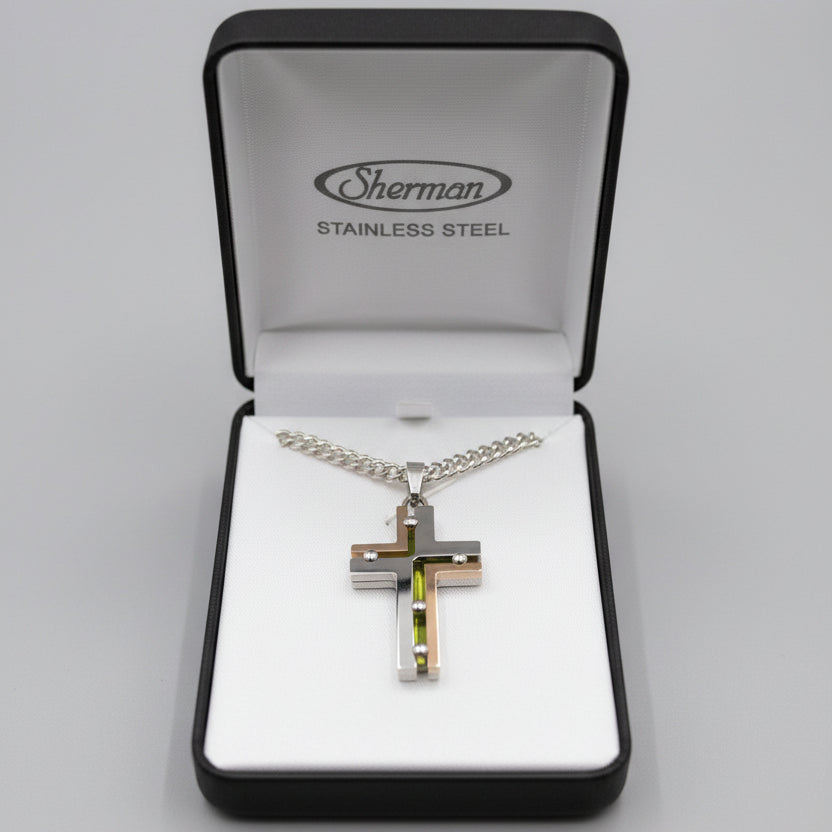 24" Stainless Steel Two Toned Riveted Cross Necklace