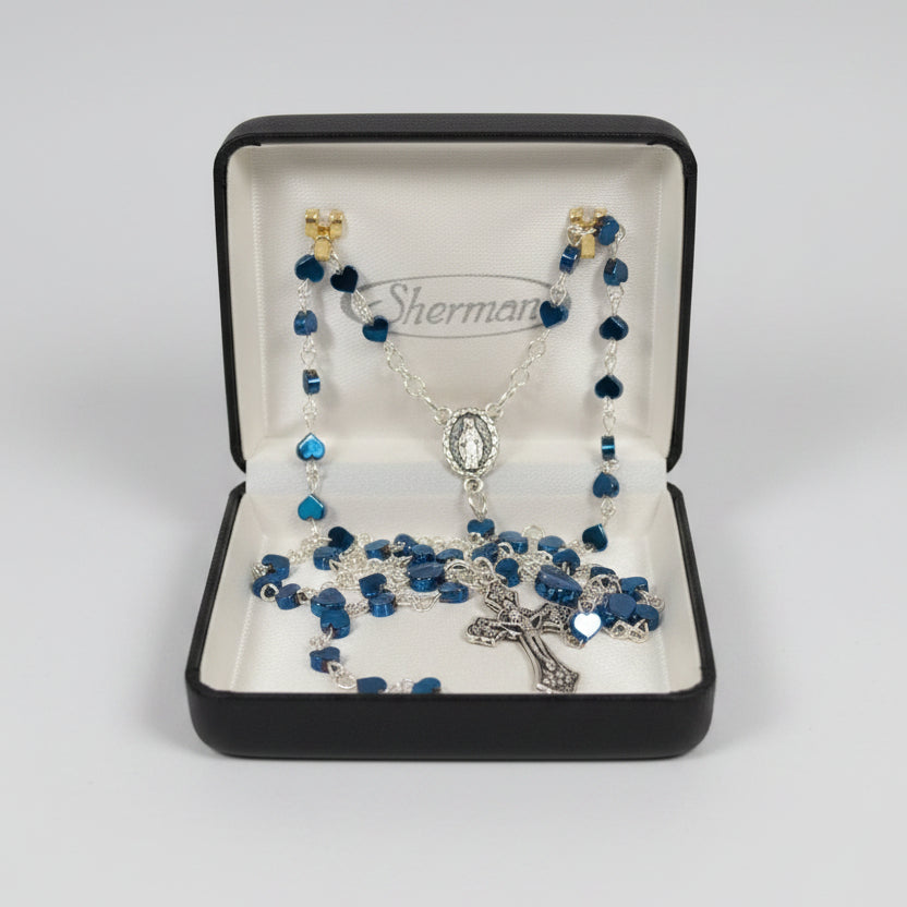 5mm Blue Hematite Heart Rosary