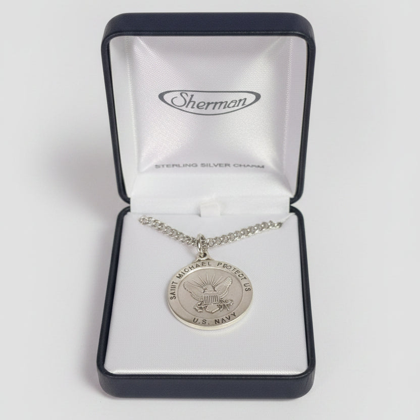24" Sterling Silver St. Michael U.S. Navy Medal Necklace