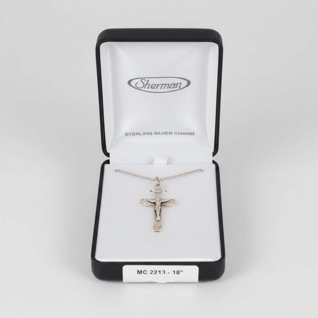 18" Sterling Silver Etched Edge Crucifix Necklace