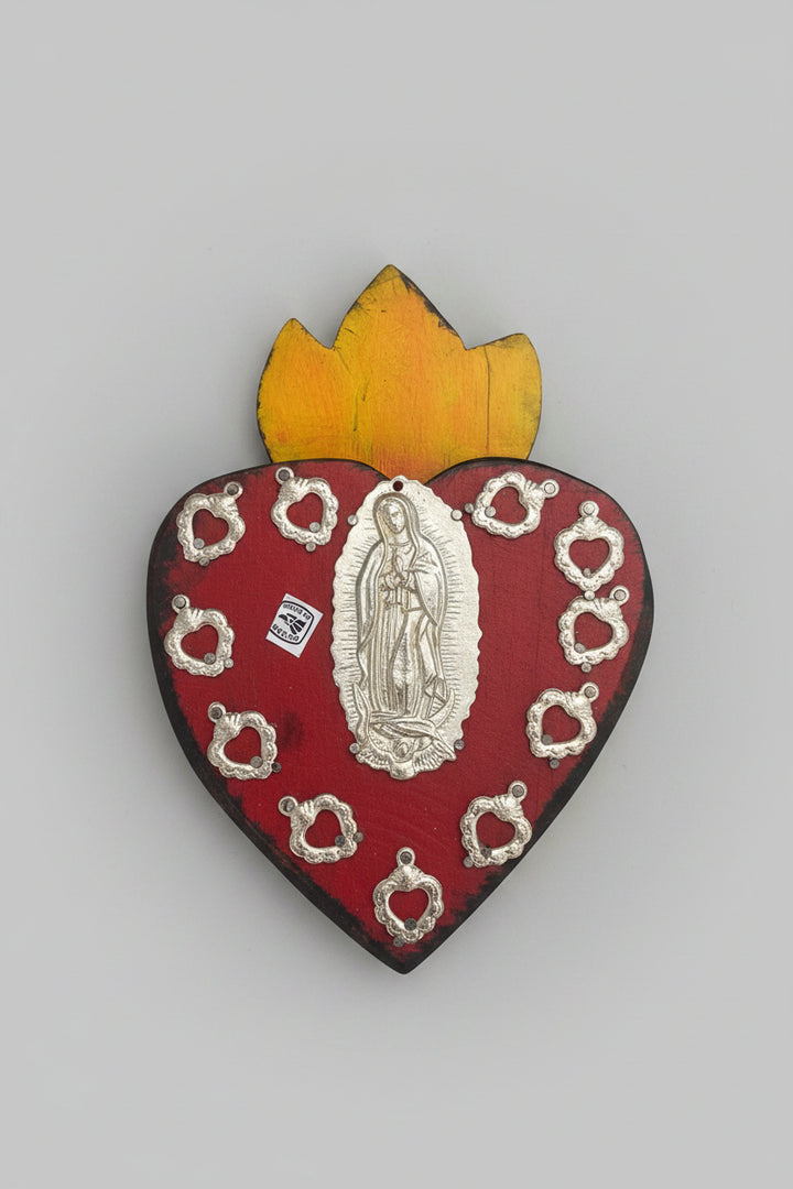 8" Wood Sacred Heart with Guadalupe Milagros
