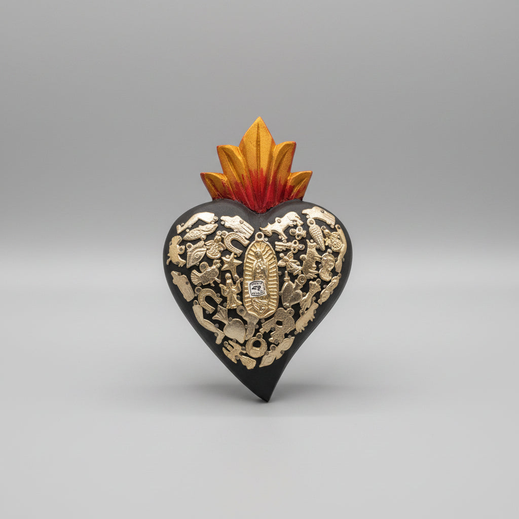 8" Wood Sacred Heart with Guadalupe Milagros