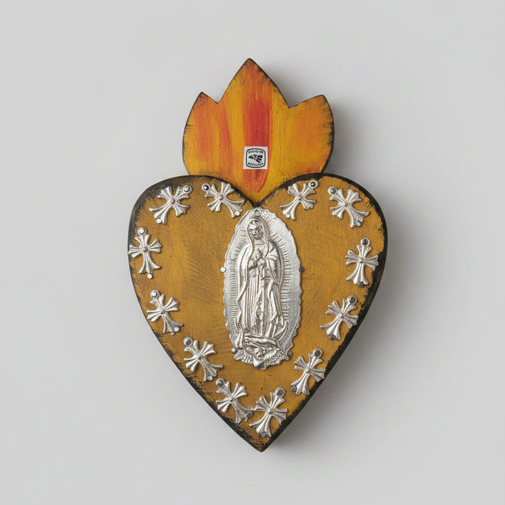 8" Wood Sacred Heart with Guadalupe Milagros