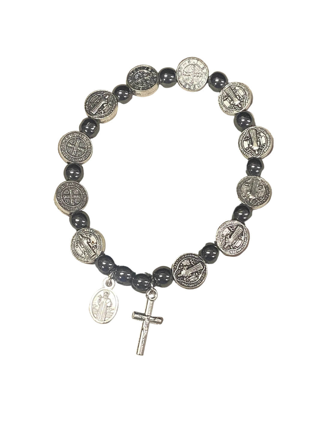 7mm Hematite St. Benedict Medal Charm Bracelet