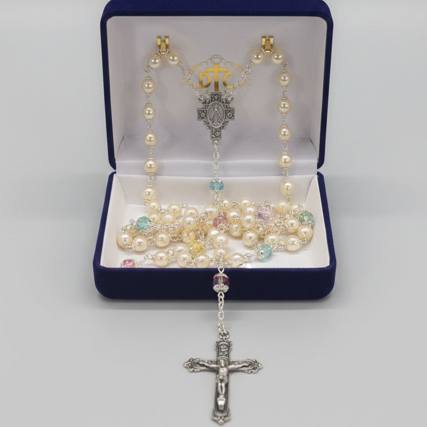 6mm Pearl with Multi Color Tin Cut Rosary