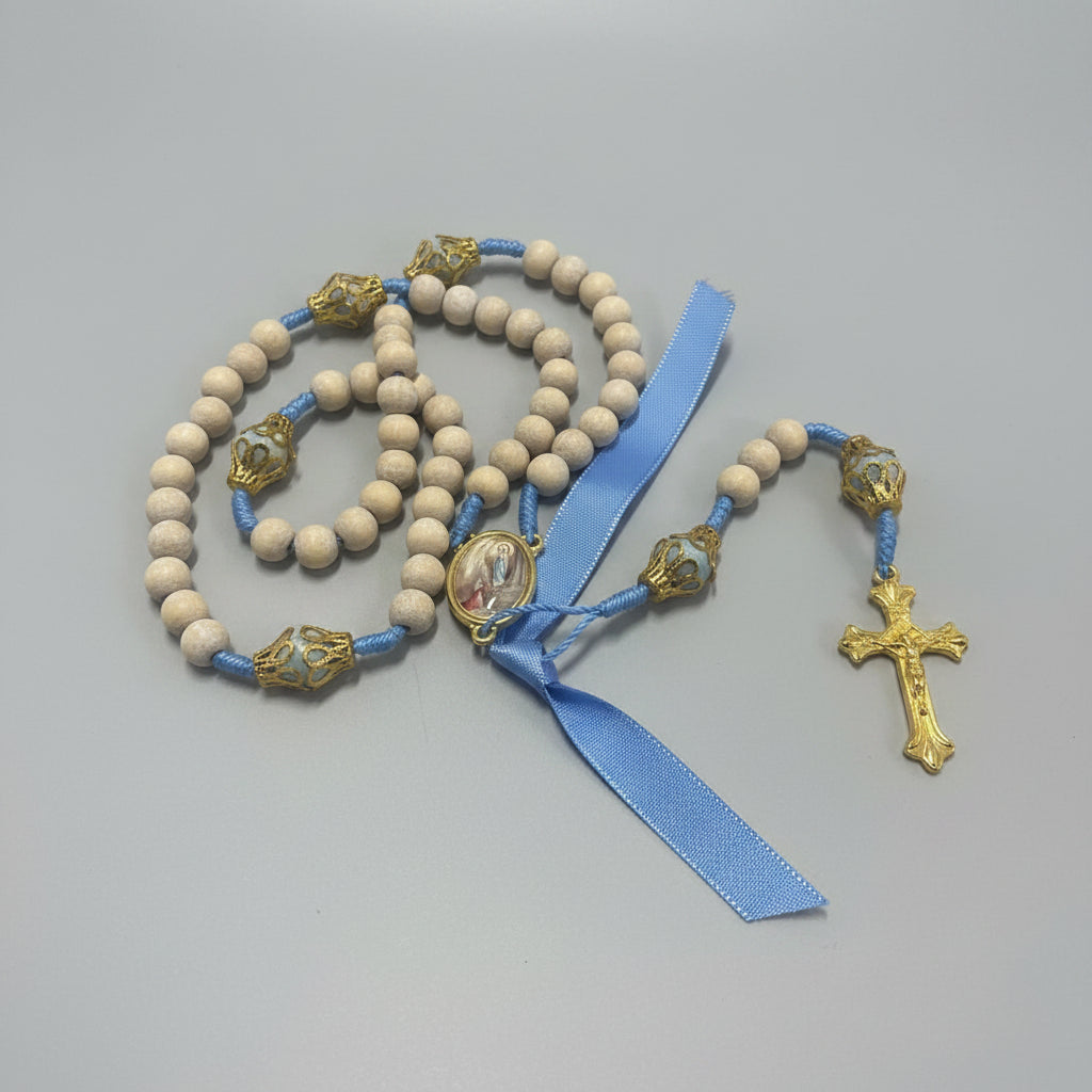 8mm Our Lady of Lourdes Wood and Gold Rosary