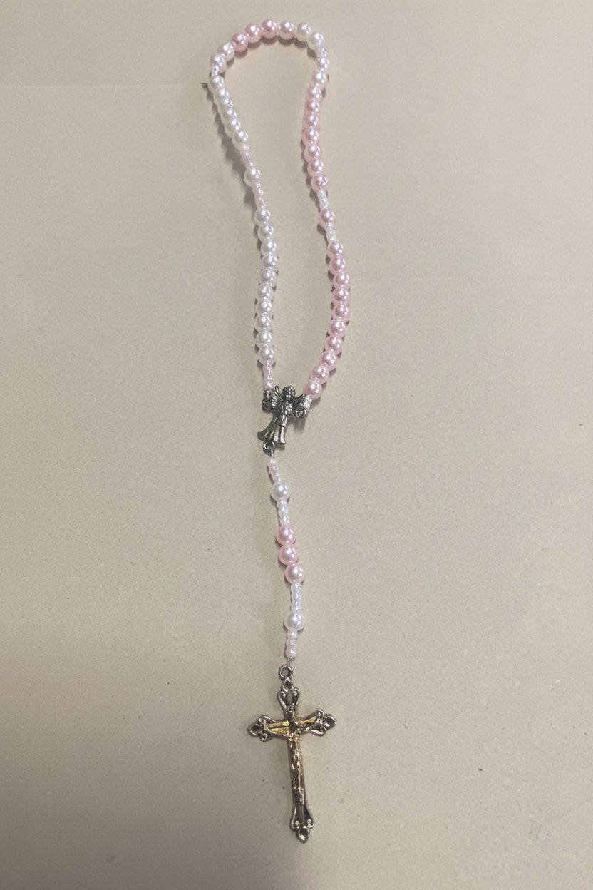 Kids White and Pink Pearl Rosary Necklace