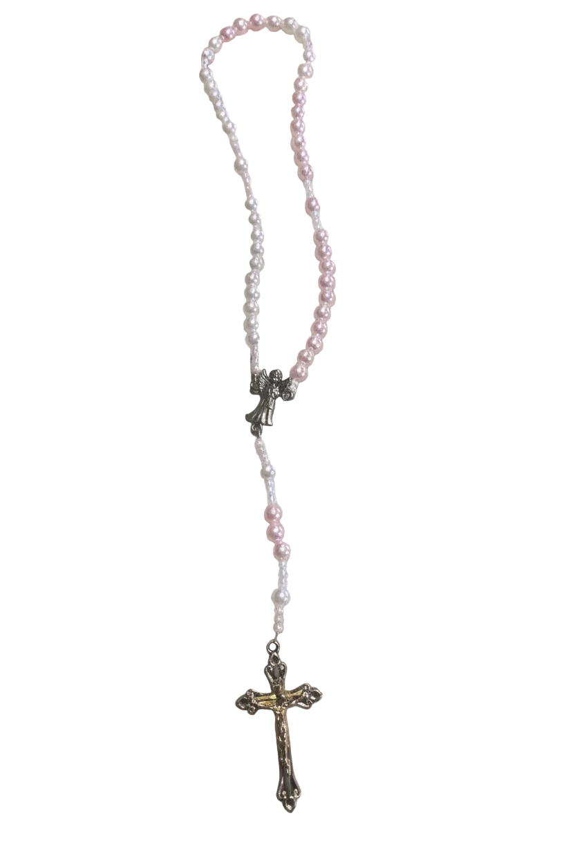 6mm Kids White and Pink Pearl Rosary Necklace