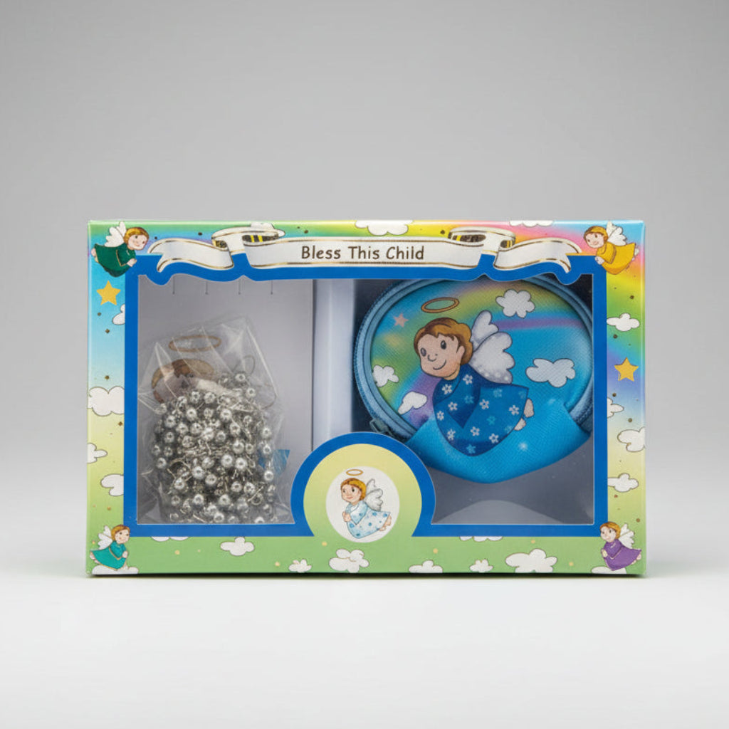 Boys Angel Leatherette Rosary and Pouch Set