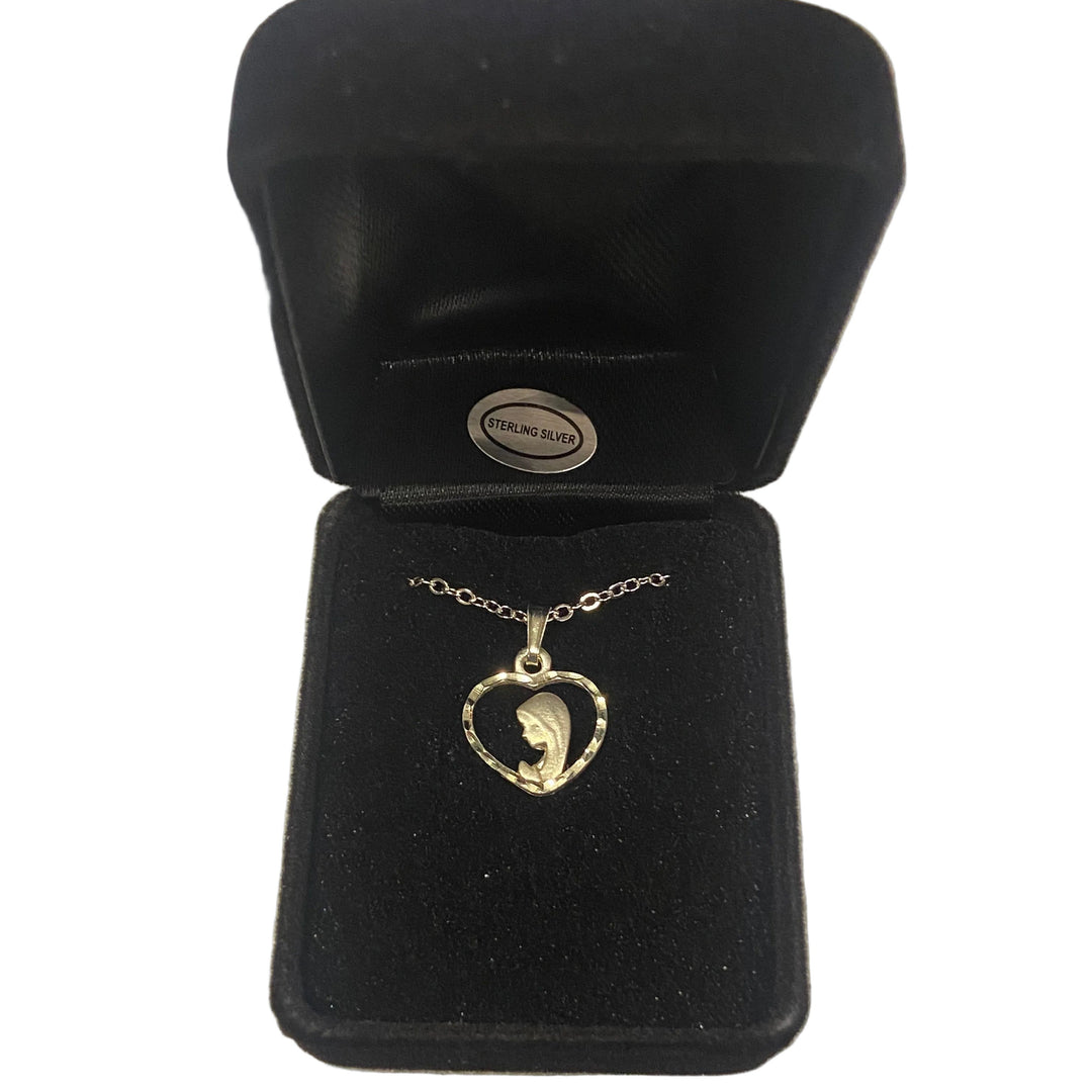 18" Sterling Silver Mary in Heart Pendant