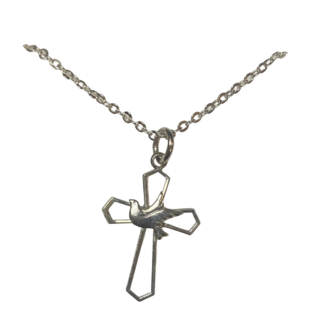 18" Cross with Dove Silver Necklace