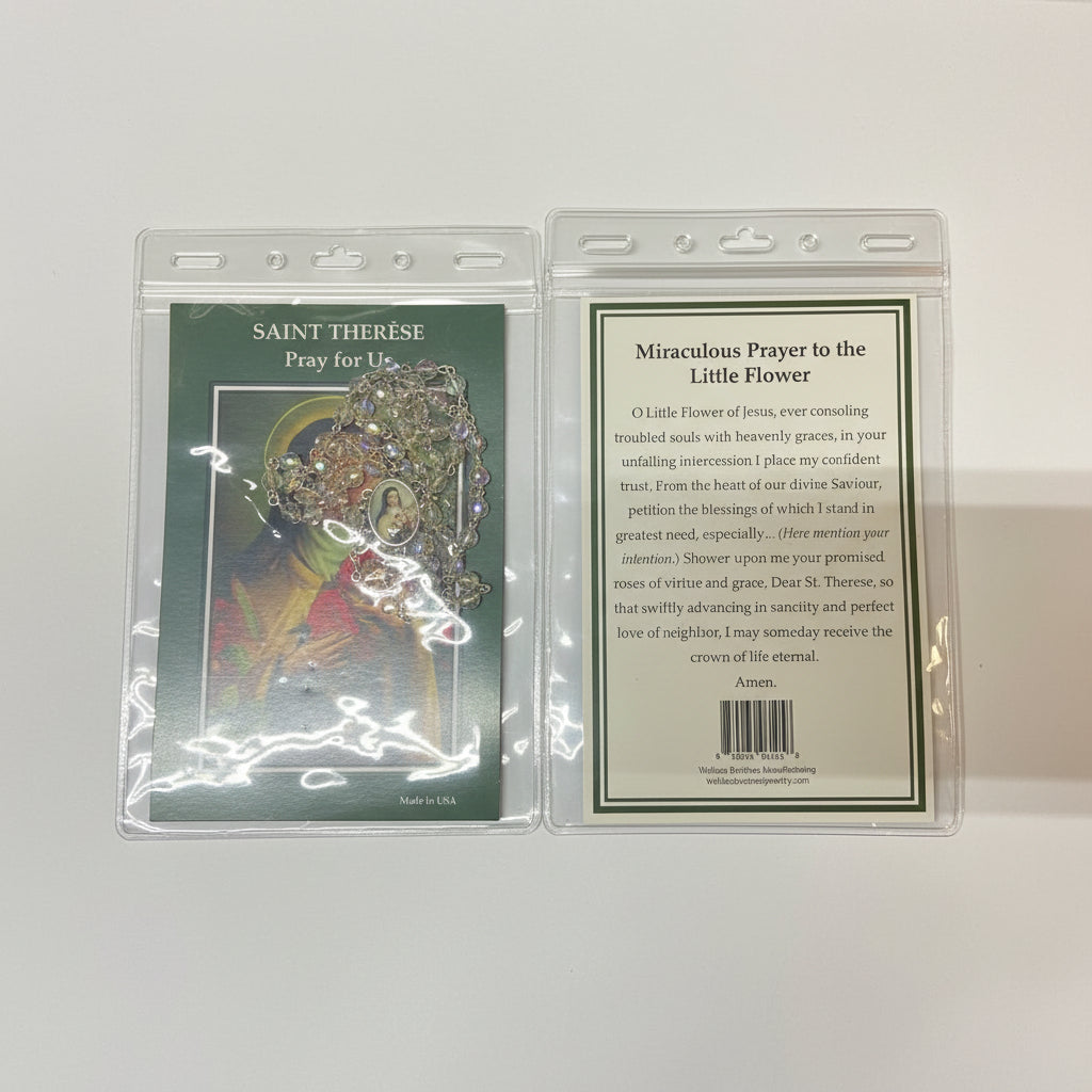 7mm Clear Crystal St. Therese Rosary with Prayer Card
