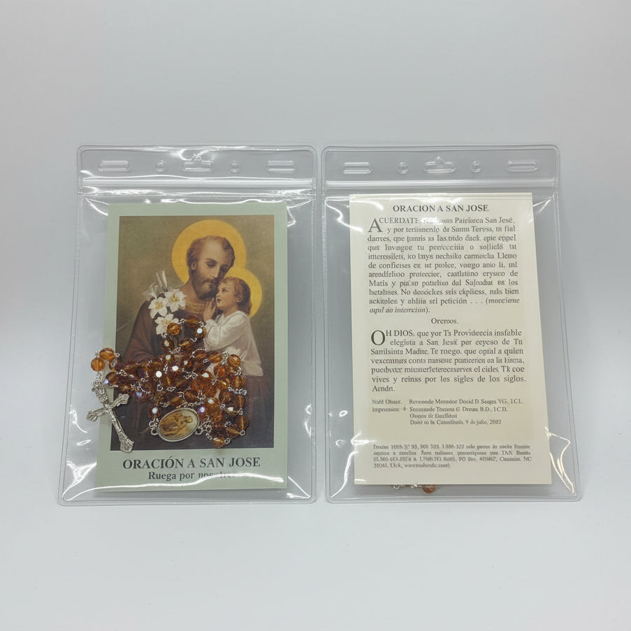 7mm Orange Crystal St. Joseph Rosary with Prayer Card