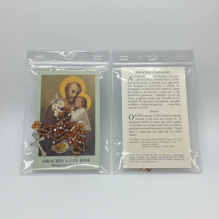 7mm Orange Crystal St. Joseph Rosary with Prayer Card