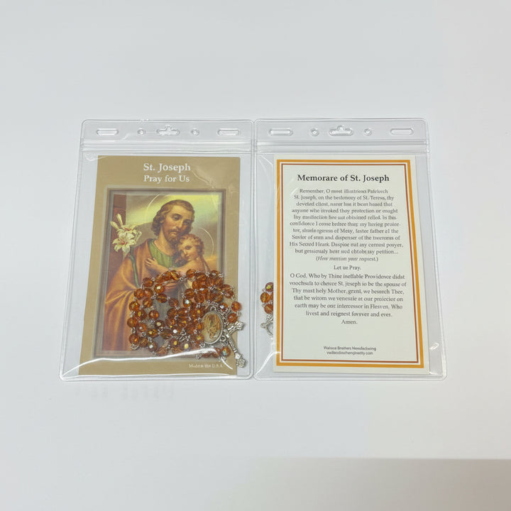 7mm Orange Crystal St. Joseph Rosary with Prayer Card