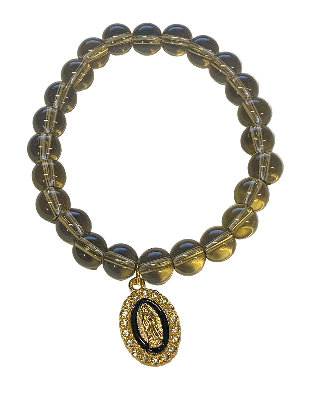 8mm Smoky Quartz Bracelet with Gold Our Lady of Guadalupe Charm