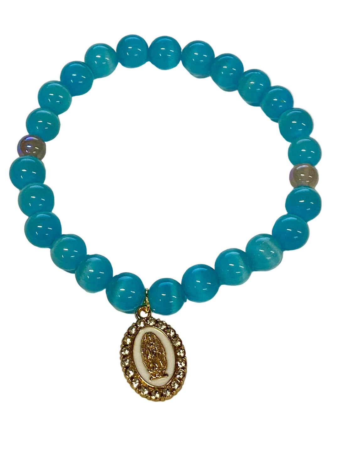 8mm Turquoise Cat's Eye with Gold Our Lady of Guadalupe Charm Stretch Bracelet
