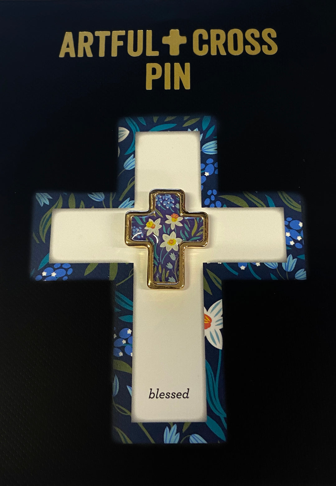 1" Artful Cross Pin - Navy Floral