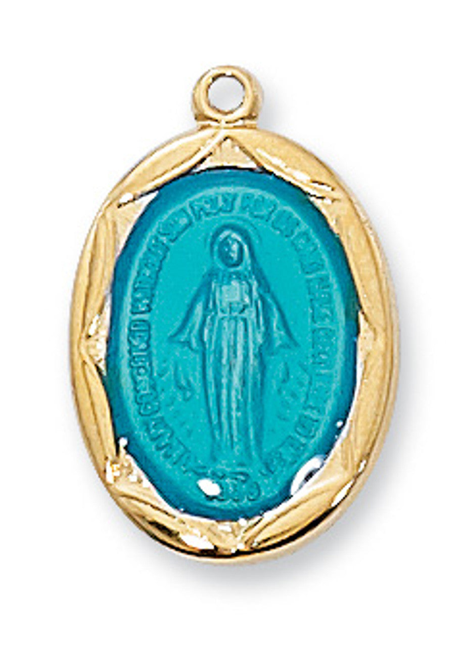 Gold/Sterling Silver Blue Miraculous Medal with 18" Gold Plated Chain