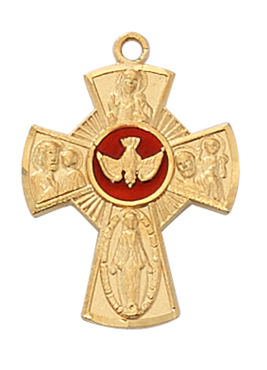 4-Way Gold on Sterling Silver Red Enameled Cross on 18" Chain