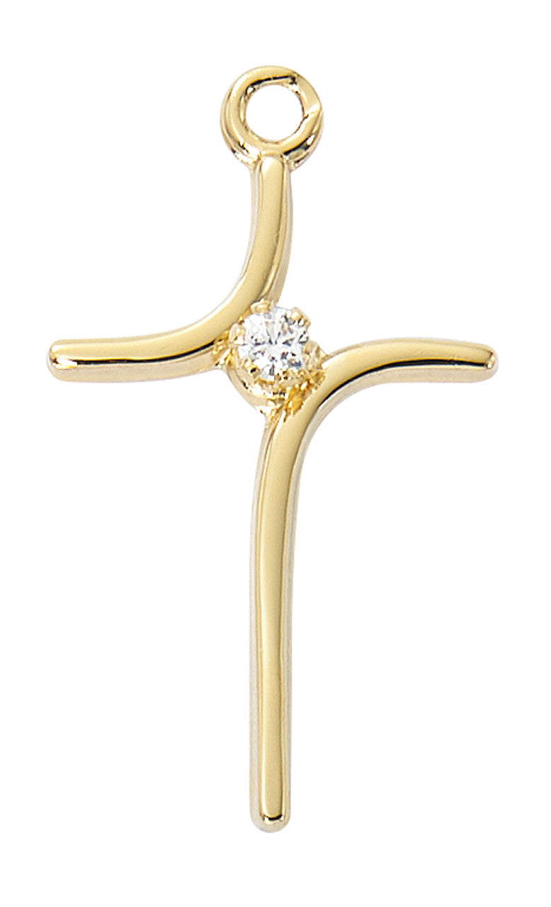 Gold/Sterling Silver Curved Cross with Crystal