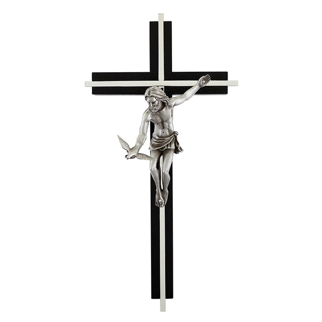 10" Black Gift of The Spirit Wall Crucifix with Silver Inlay