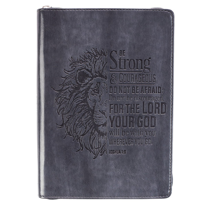 Be Strong and Courageous Classic Gray Faux Leather Journal with Zipper Closure - Joshua 1:9