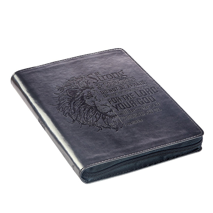 Be Strong and Courageous Classic Gray Faux Leather Journal with Zipper Closure - Joshua 1:9