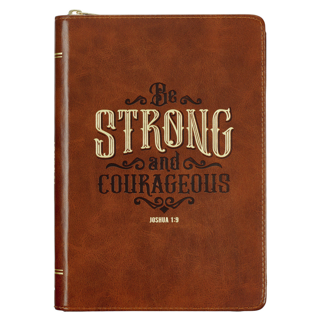 Strong and Courageous Honey-brown Faux Leather Journal with Zipper Closure - Joshua 1:9