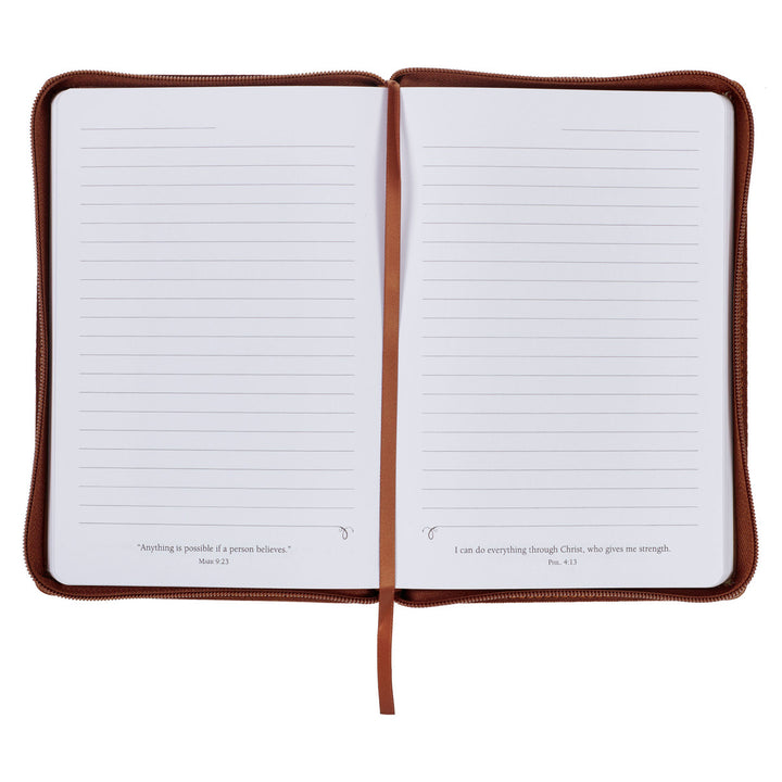 Strong and Courageous Honey-brown Faux Leather Journal with Zipper Closure - Joshua 1:9