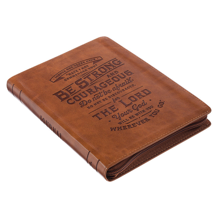 Be Strong Toffee Brown Faux Leather Classic Journal with Zippered Closure - Joshua 1:9