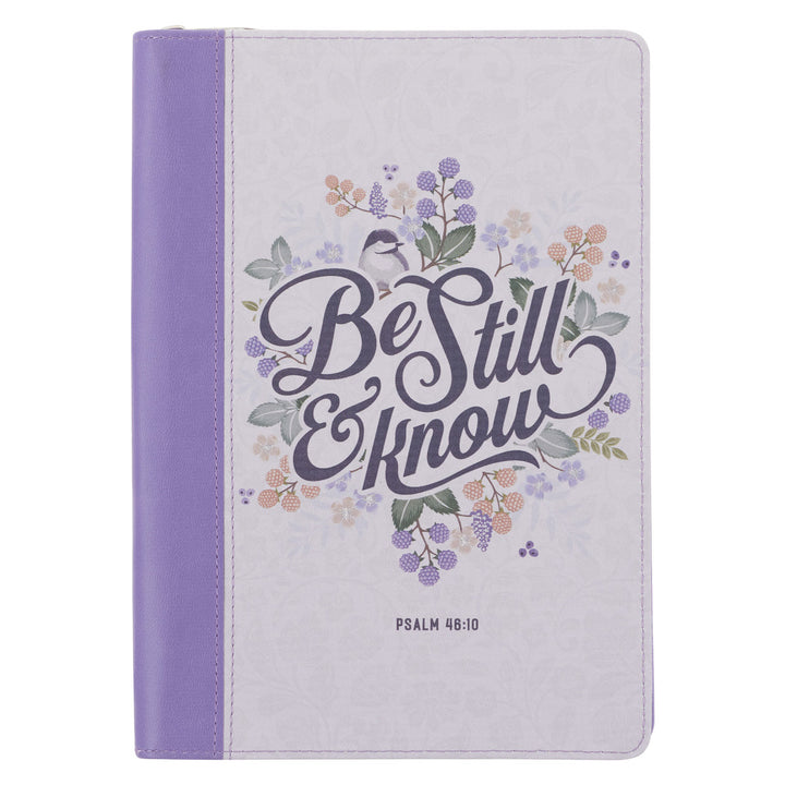 Be Still Purple Pasture Faux Leather Journal with Zippered Closure - Psalm 46:10