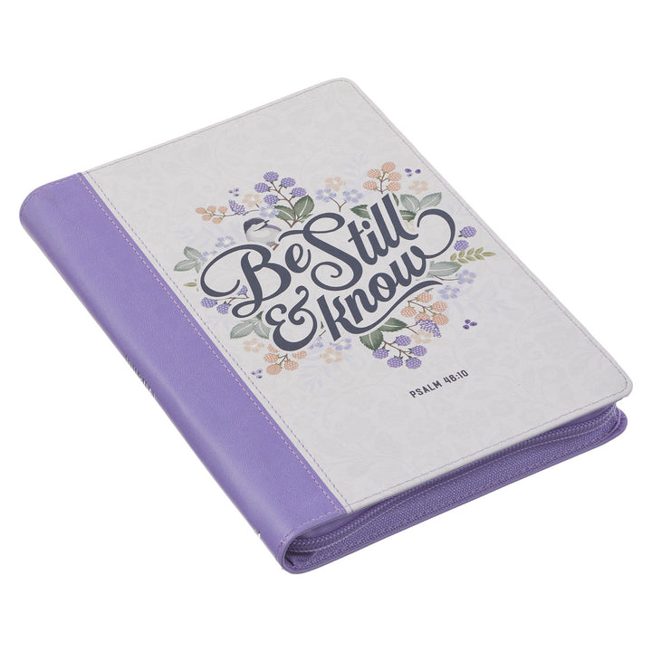 Be Still Purple Pasture Faux Leather Journal with Zippered Closure - Psalm 46:10