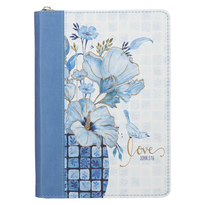 Love Blue Floral Tile Faux Leather Journal with Zipper Closure - John 3:16