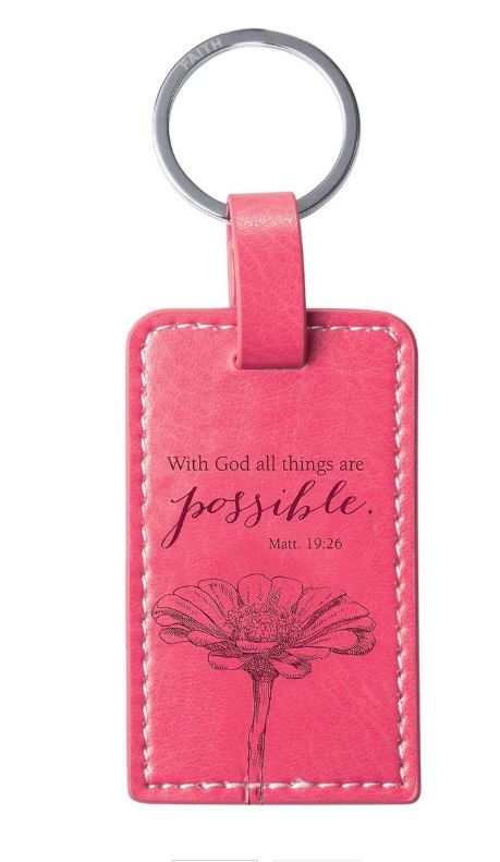 All Things are Possible Bright Pink Faux Leather Key Ring - Matthew 19:26