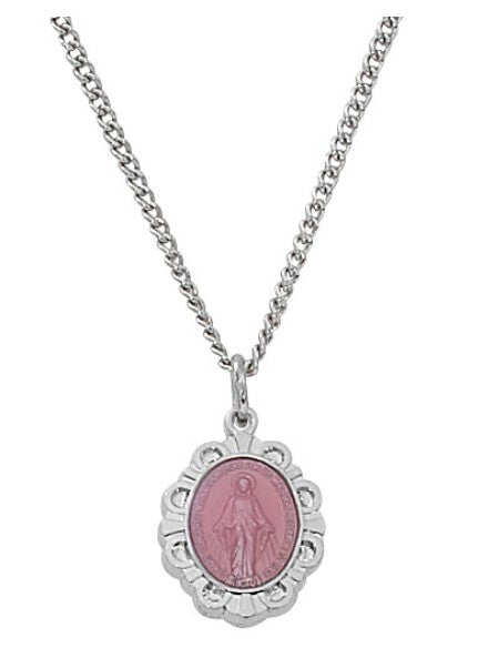 13" Sterling Silver with Baby Pink Miraculous Medal Necklace