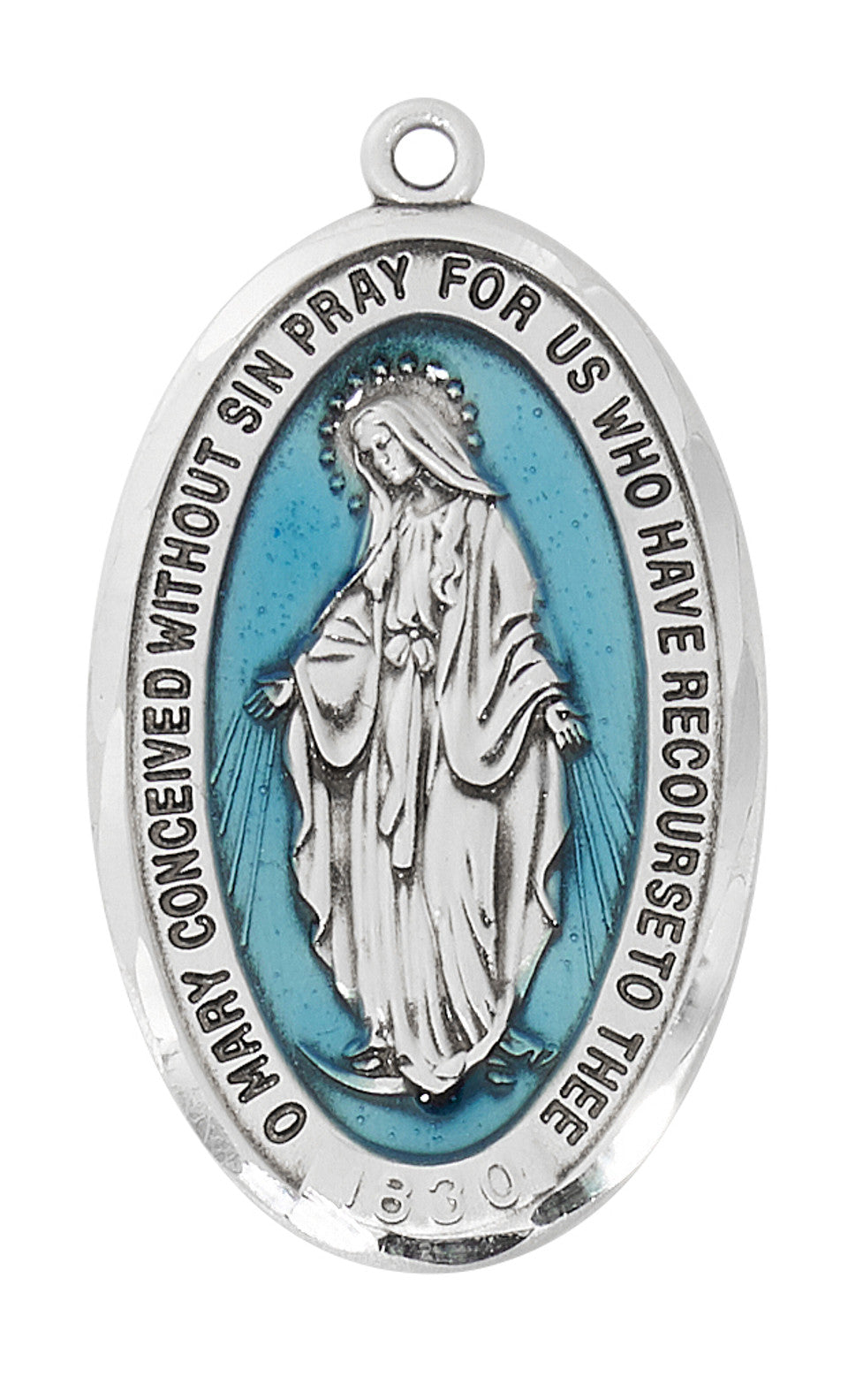 Sterling Silver Miraculous Medal with Blue Epoxy and 24" Stainless Steel Chain