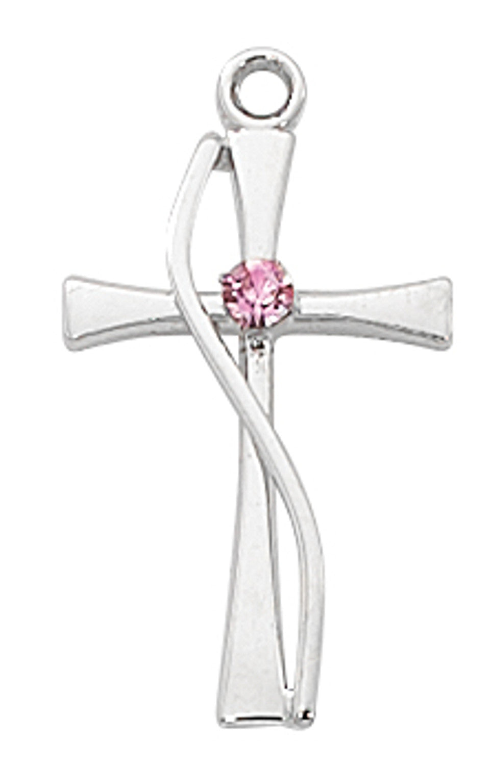 Sterling Silver Wire Cross with Rose Stone and 18" Rhodium Plated Chain