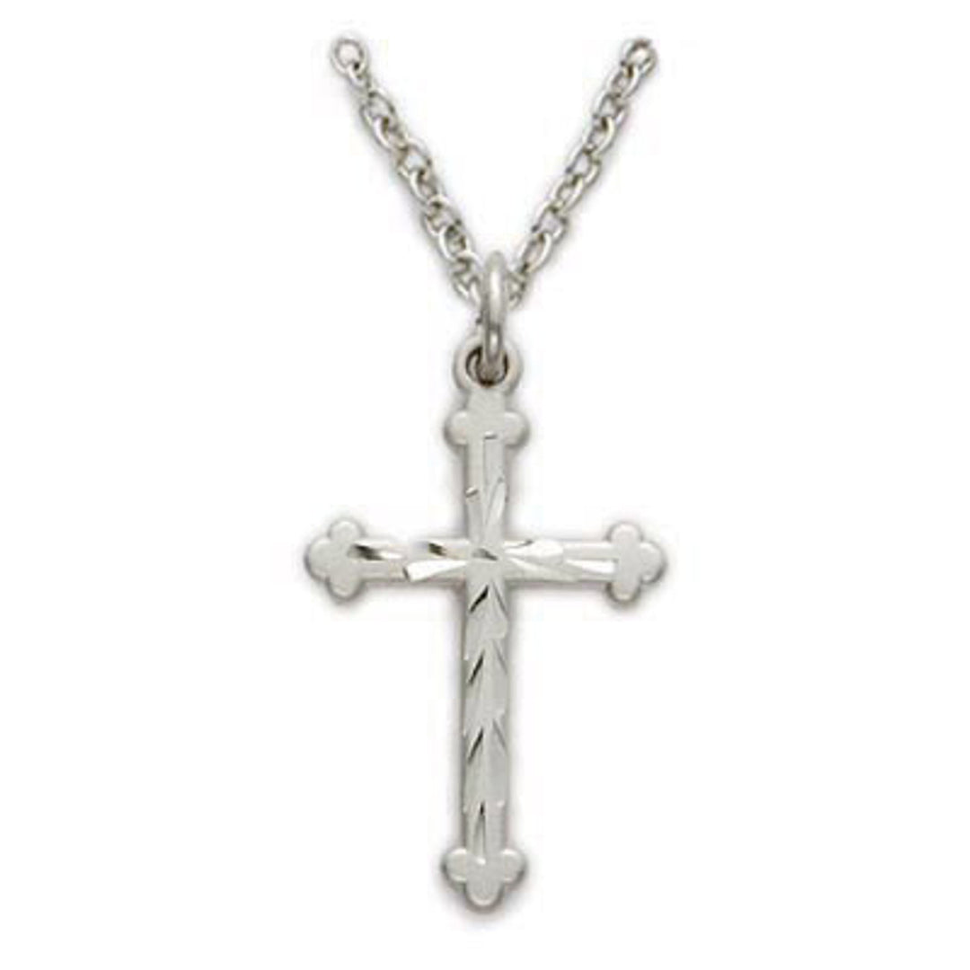 Sterling Silver Budded Cross with Brite Cuts and Chain