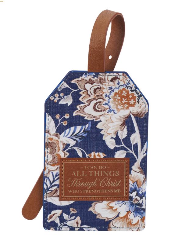 I Can Do All Things Honey-brown and Navy Floral Faux Leather Luggage Tag - Philippians 4:13