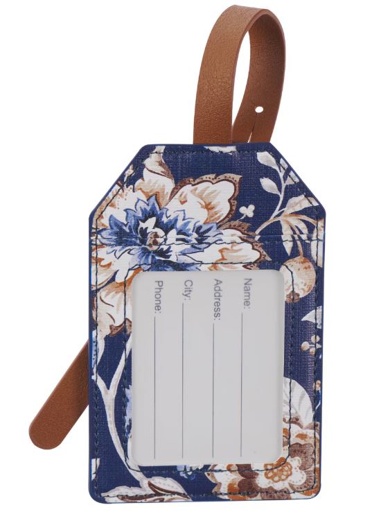 I Can Do All Things Honey-brown and Navy Floral Faux Leather Luggage Tag - Philippians 4:13