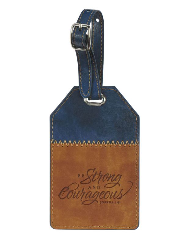 Strong and Courageous Butterscotch and Navy Faux Leather Luggage Tag - Joshua 1:9