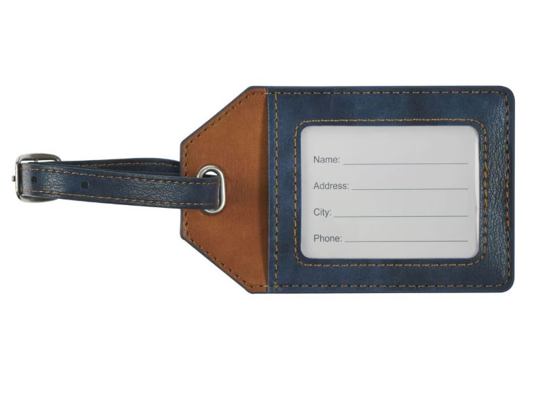 Strong and Courageous Butterscotch and Navy Faux Leather Luggage Tag - Joshua 1:9
